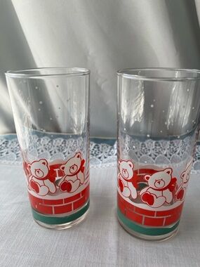 Vintage 1980s Christmas Teddy Bear Highball Glasses Set of 2 - Nadir Figueiredo